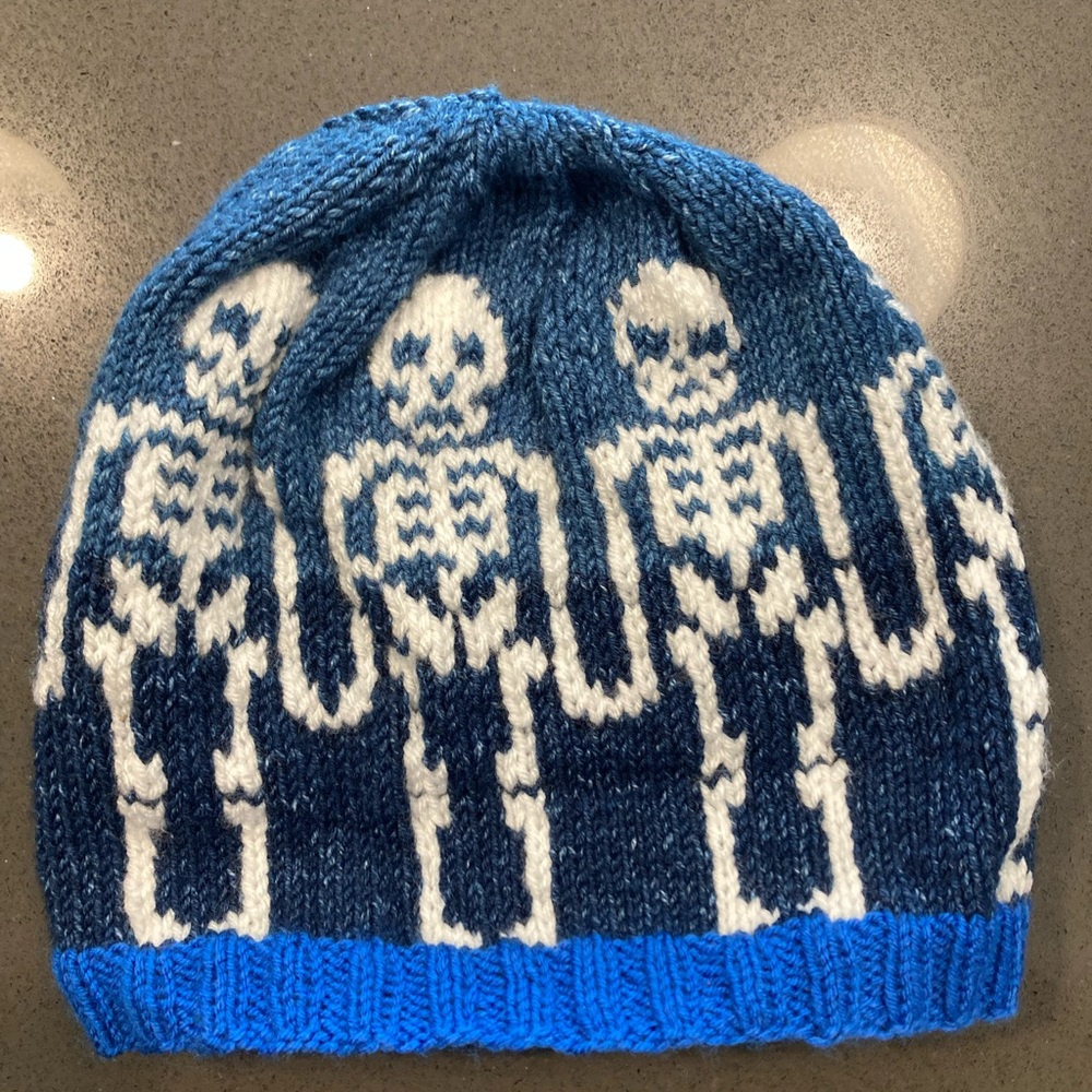 Hand knit winter toboggan - blue with skeletons